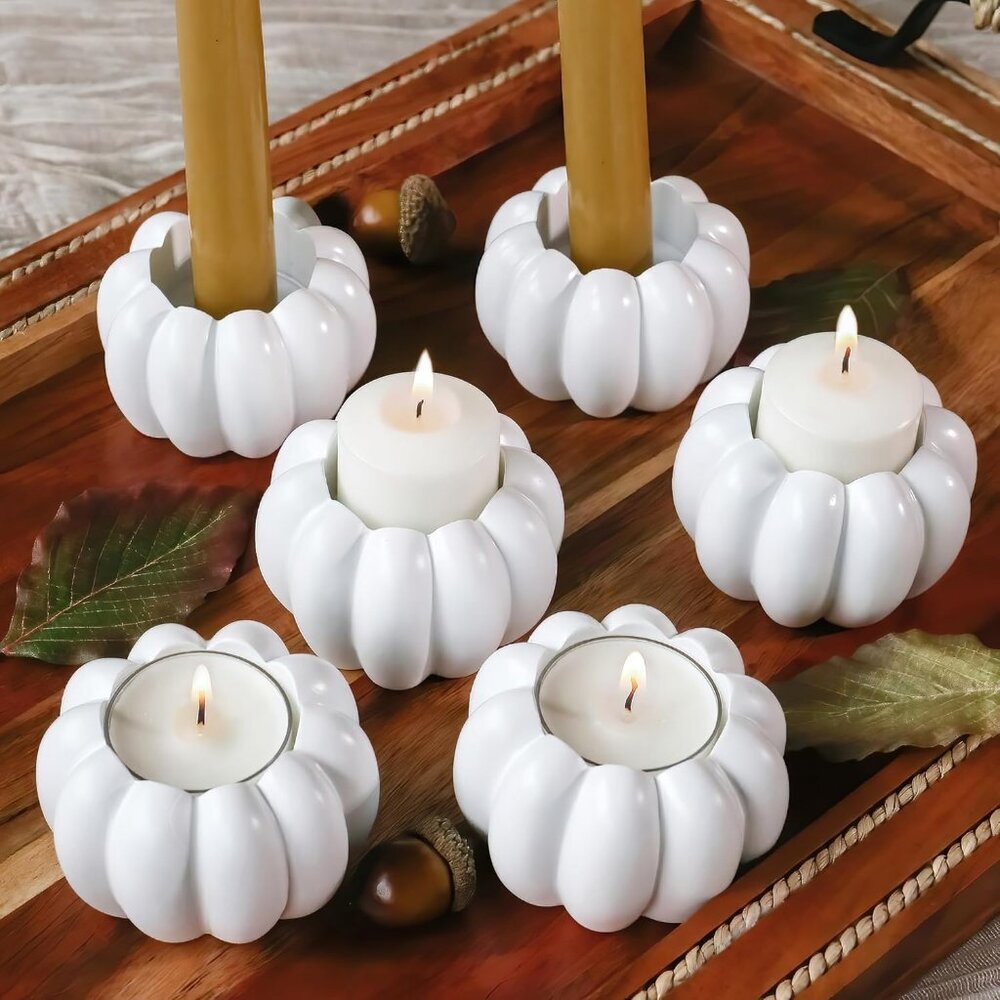 2-in-1 White Pumpkin Candlestick Holders, Taper Candle, Tealight & Votive Candle